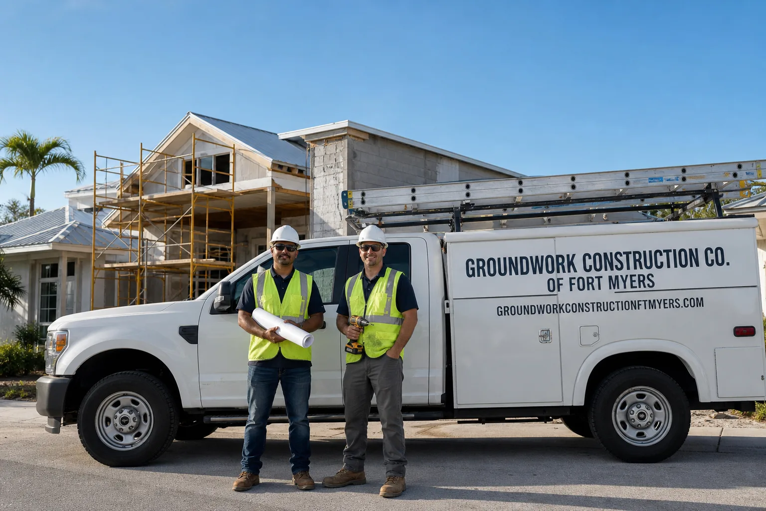 Groundwork Construction Co. of Fort Myers construction service vehicle and crew in Fort Myers, FL