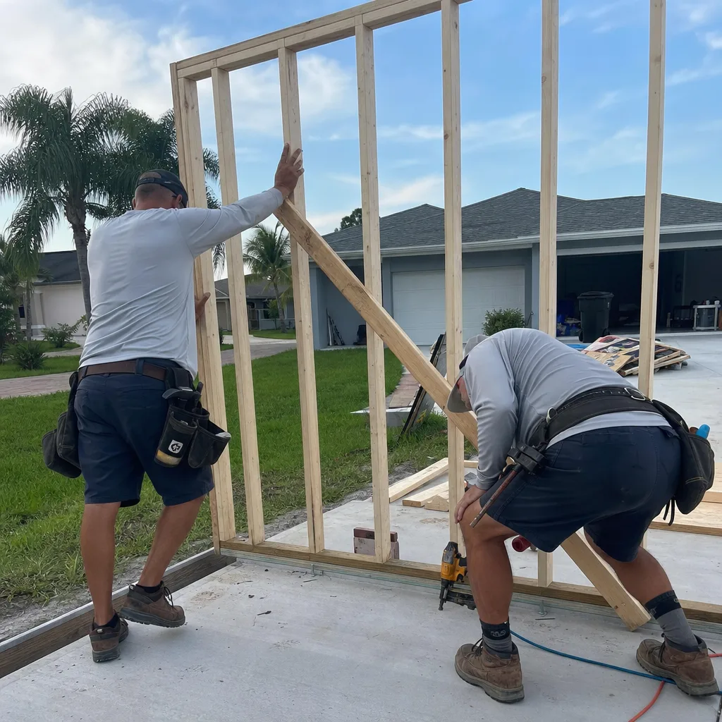Two construction workers framing a wooden wall for a home addition